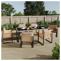BBWL Gartenlounge-Set mit Sesseln, Glasplatte, wetterfestem PE-Rattan, abwaschbaren Bezügen, Polyrattan Gartenmöbel 6 Personen Esstisch Set braun|schwarz