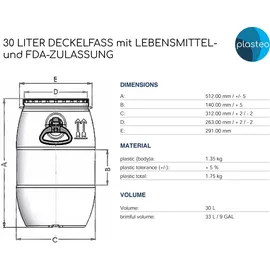 plasteo plasteo® 2 Stück 30 Liter Deckelfass lebensmittelecht FDA-Zulassung UN-Zulassung IKG Gütezeichen Kunststofffass Futtertonne Weithalstonne inkl. Lebensmittelzulassung