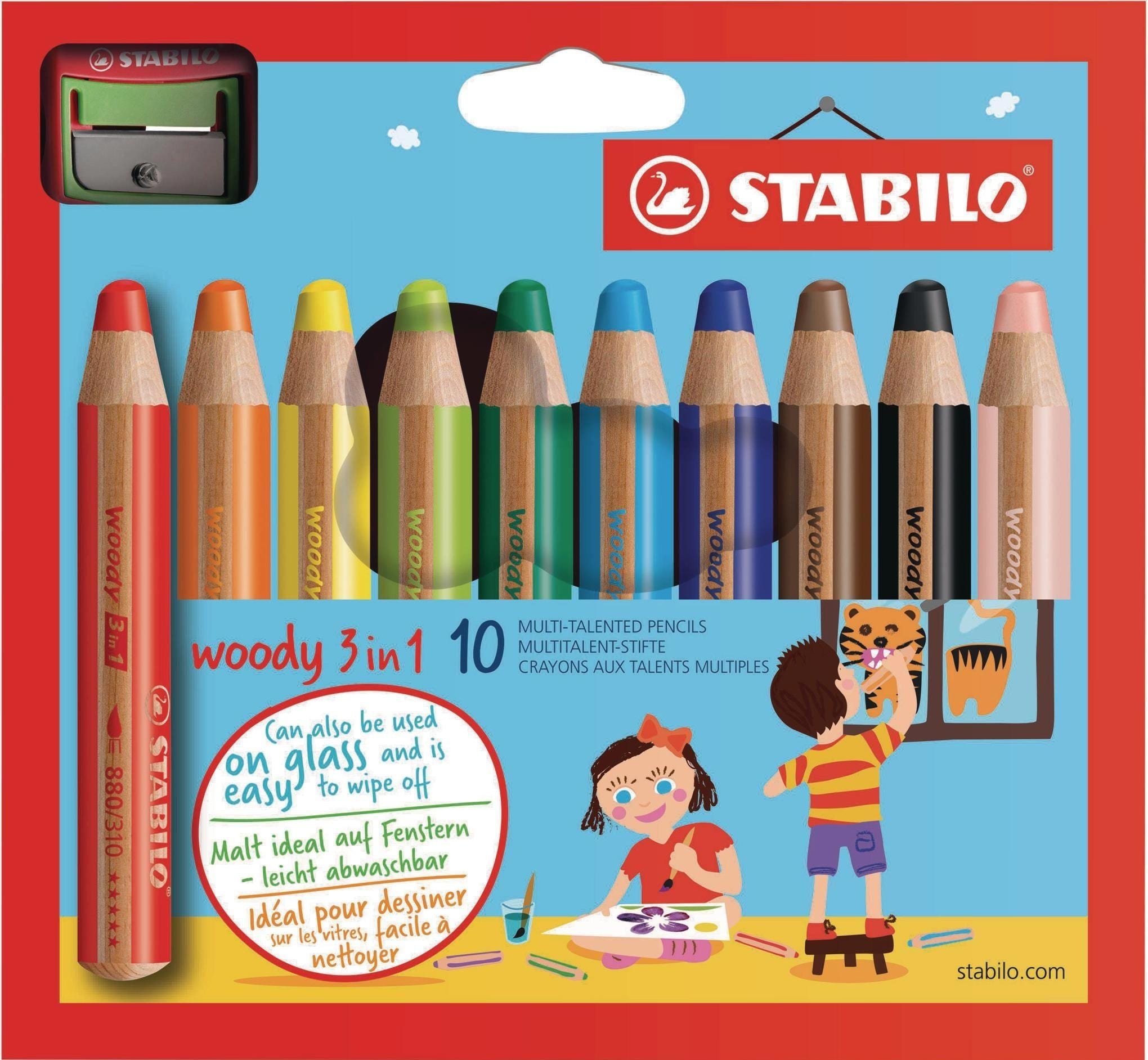 STABILO, Malstifte, woody 3 in 1 Buntstift mit Spitzer (Mehrfarbig, 10 x)