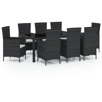 vidaXL 9-tlg. Garten-Essgruppe mit Kissen Poly Rattan Schwarz