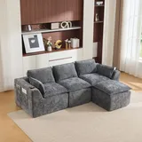 Okwish Dreisitzer Ecksofa mit Hocker, Kissen, Getränkehalter und 2 Seitentaschen, In Chenille Grau