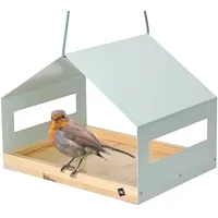 wondermake® Design Vogelhaus aus Metall und Holz wetterfest zum Aufhängen, modernes Vogelfutterhaus XL Metalldach hängend, Vogelhäuschen Futterhaus für Vögel, Edelstahl Kiefer, türkis-grau mint