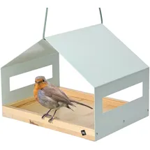 wondermake® Design Vogelhaus aus Metall und Holz wetterfest zum Aufhängen, modernes Vogelfutterhaus XL Metalldach hängend, Vogelhäuschen Futterhaus für Vögel, Edelstahl Kiefer, türkis-grau mint