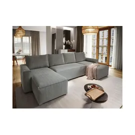 masseno Wohnlandschaft Kordstoff mit Schlaffunktion 295 cm Grau