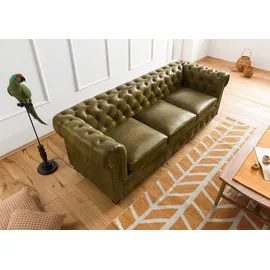 Massivmoebel24 Sofa 3-Sitzer Echtleder 216x82x75 Grün Chesterfield #303