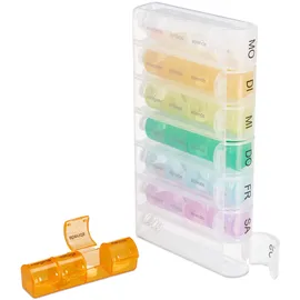 Relaxdays Tablettenbox 7 Tage 4 Fächer, morgens, mittags, abends, nachts, BPA-frei, Wochenbox für Medikamente, bunt