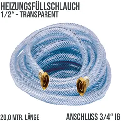 20 m Heizungs Füllschlauch Wasser Heizkörper Radiator Sanitär Schlauch transpare...