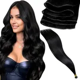 LaaVoo Tressen Extensions Echthaar Schwarz Echthaar Extensions Tressen Virgin 25g Tressen Extensions Echthaar Zum Einnähen Schwarz Glatt #1