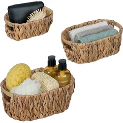 Relaxdays Aufbewahrungskorb 3er Set, aus Wasserhyazinthe, für Bad, Wohn- & Schlafzimmer, Organizer, Flechtkorb, natur