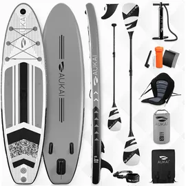 Aukai Stand Up Paddle Board 320cm 2in1 Kajak Sitz SUP Surfboard aufblasbar + Paddel und Doppelpaddel Surfbrett Paddling Paddelboard - grau - Grau