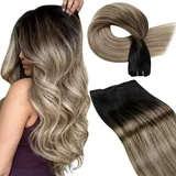 LaaVoo Echthaar Tressen Haarverlängerungen Ombre Echthaar Tressen zum Einnähen Natürlichen Schwarz bis Karamellblond mit Blond Remy Tressen Echthaar Doppelten Schuss 50cm 100G