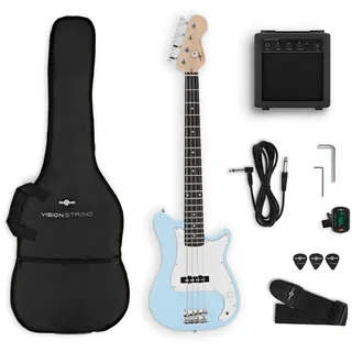VISIONSTRING E Bass Gitarre 3/4 mit Verstärker 10W für Kinder - Elektrische Bassgitarre Set mit Gitarrentasche, Plektrum, Gurt, Stimmgerät, Kabel - Bass Guitar Gitarren Blau von Gear4music