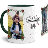 Tasse - Lieblings-Opa - zum selbst Gestalten mit zwei Fotos - personalisierbare Fototasse für Opa aus Keramik, Innen & Henkel Dunkelgrün, 300 ml