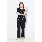 Ulla Popken Pyjama Blüten Stickerei Rundhals Halbarm schwarz 50/52