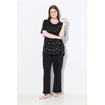 Ulla Popken Pyjama Blüten Stickerei Rundhals Halbarm schwarz 50/52