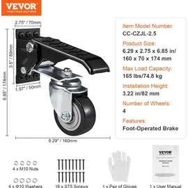 Vevor 4er-Set Lenkrollen Werkbank max. 74,8kg Tragfähigkeit Möbelrollen Doppelkugellager Schwerlastrollen aus Polyurethan Transportrollen mit Bremse Industrierollen 160x70x174mm