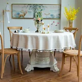 GOEXCPL Runde Tischdecke aus Baumwolle und Leinen mit Fransen, Beige Durchmesser 120 cm, Geeignet für runde Tische von 60-80 cm Durchmesser