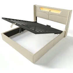 Merax Polsterbett LED Doppelbett mit USB Typ C und LED-Beleuchtung,Baumwolle-Leinen Bezug Stauraumbett 140x200cm, beige