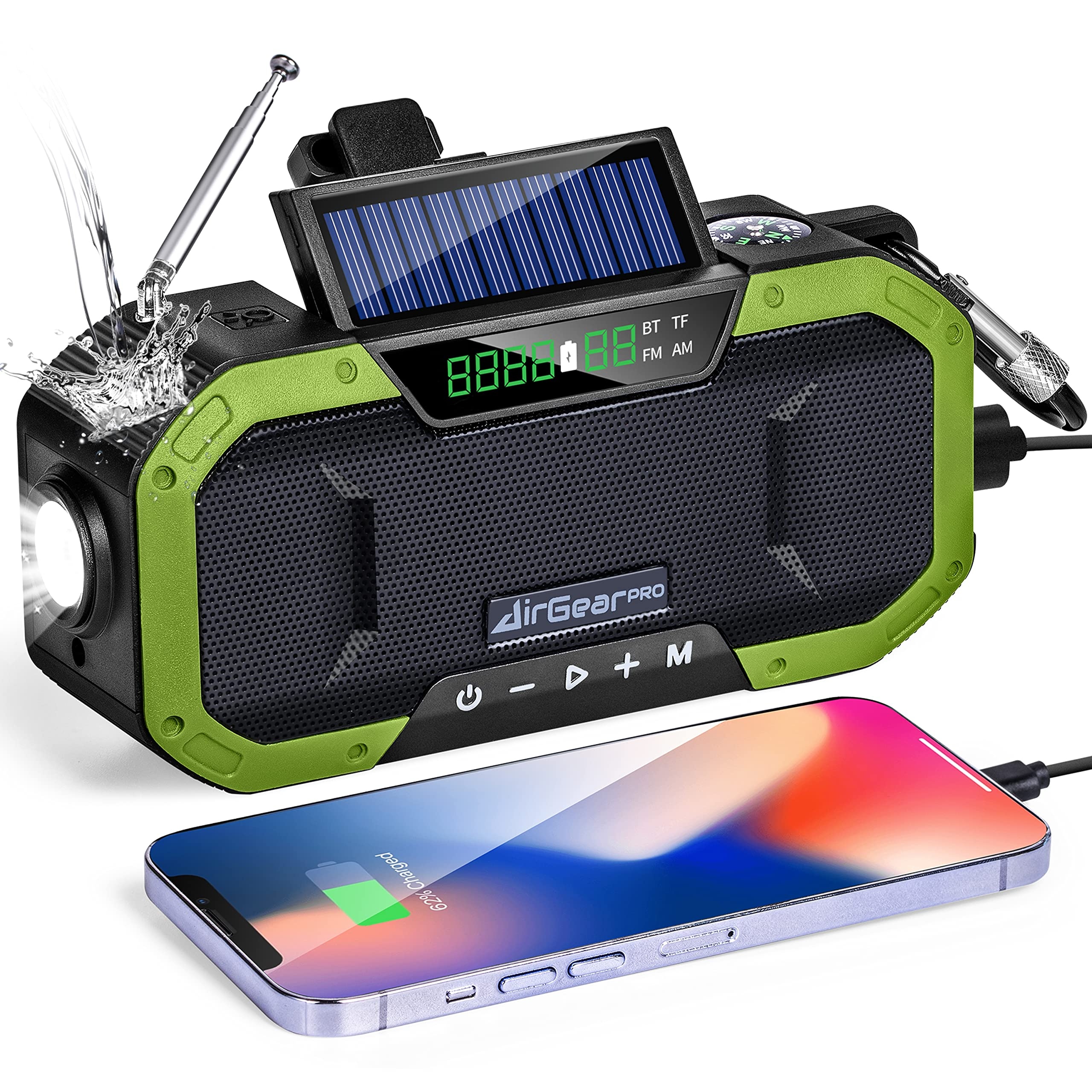 AirGearPro Kurbelradio Bluetooth mit Handyladefunktion Solar, 5000 mAh Powerbank mit USB-Ausgang, FM/AM, Dynamo, IPX5 wasserdicht, LED-Taschenlampe, Notfallradio ideal für Outdoor, Reisen, Wandern