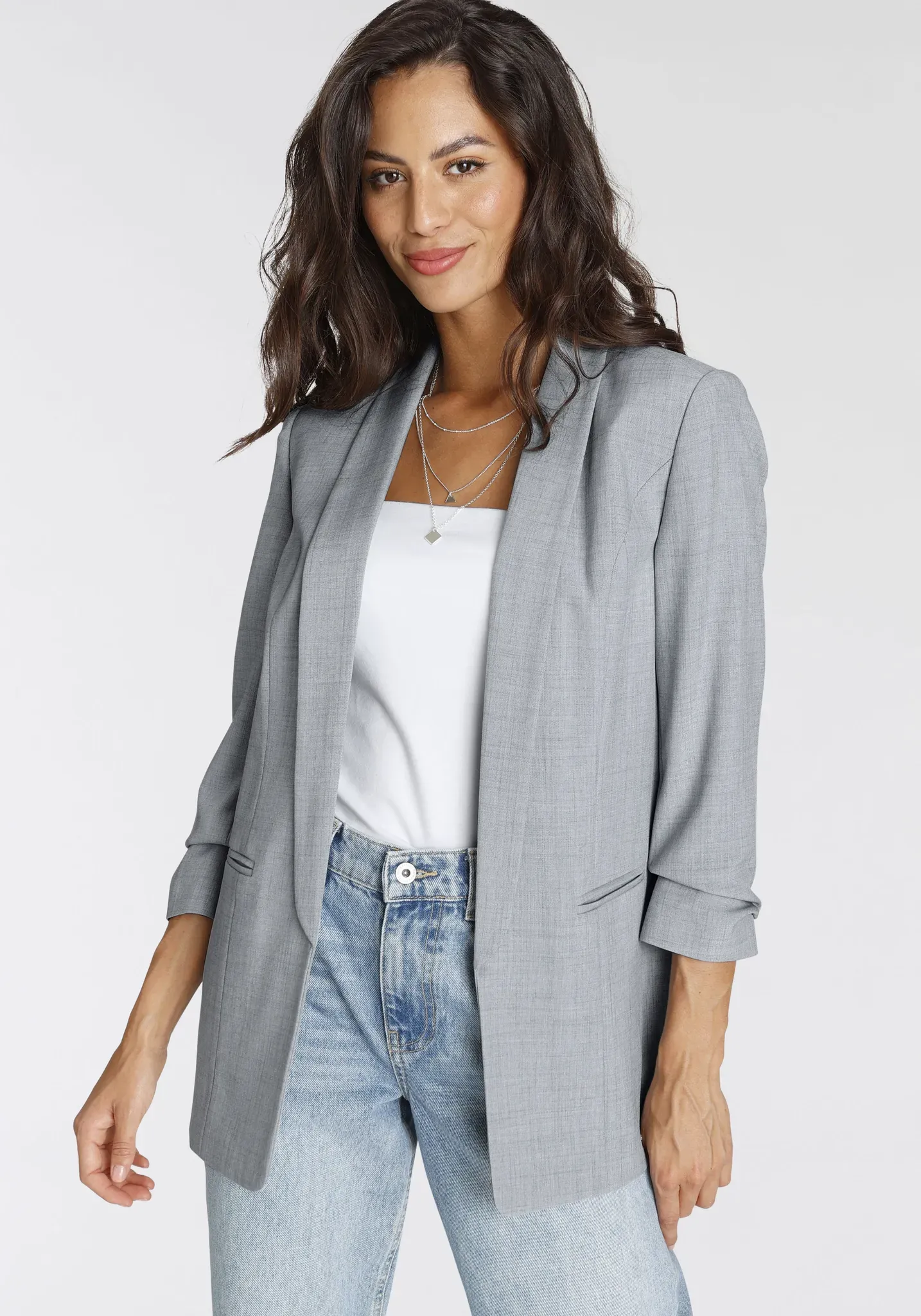 Longblazer LAURA SCOTT, Damen, Gr. 38, grau (grau, melange), Web, Obermaterial: 90% Polyester, 10% Elasthan. Futter: 100% Polyester, meliert, figurbetont hüftbedeckend, Blazer Longblazer, mit gerafften Ärmeln, Topseller