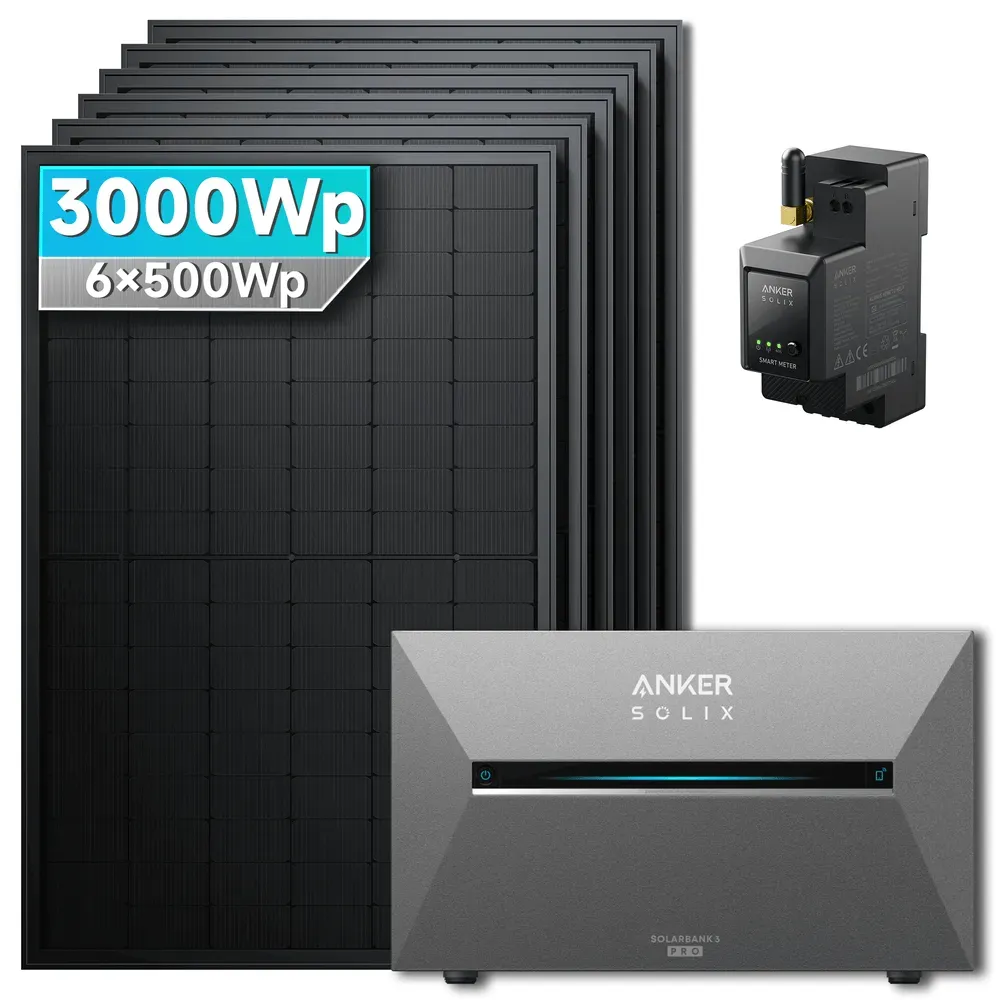 Balkonkraftwerk 3000 Watt mit Speicher Anker SOLIX Solarbank 3 E2700 Pro mit 6x500Wp Solarmodule und MC4 Solarkabel  Set - 3000Wp ‚Äì 6 Module / Ohne Erweiterungsakku / Ohne HAL