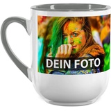 Elegante Fototasse selbst gestalten - mit Foto & Text Personalisieren - Edle Tasse mit abgerundetem Boden - Keramik Innen & Henkel Grau, 250ml