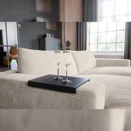 KAWOLA Big Sofa MADELINE Cord cremeweiß mit Hocker / 4 Zierkissen / Armlehntablett schwarz