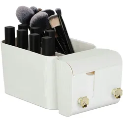 Relaxdays Kosmetik Organizer, 4 Fächer & 2 Haken, Wattestäbchenbehälter im Bad, Klebe-Wandmontage, Kunststoff, weiß/gold