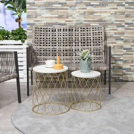 Outsunny 2er Set Gartentische Beistelltische Retro Drahtkorb Design Metallkorb Garten Satztisch Outdoor Ø41x46cm in Gold und Weiß Aosom.de