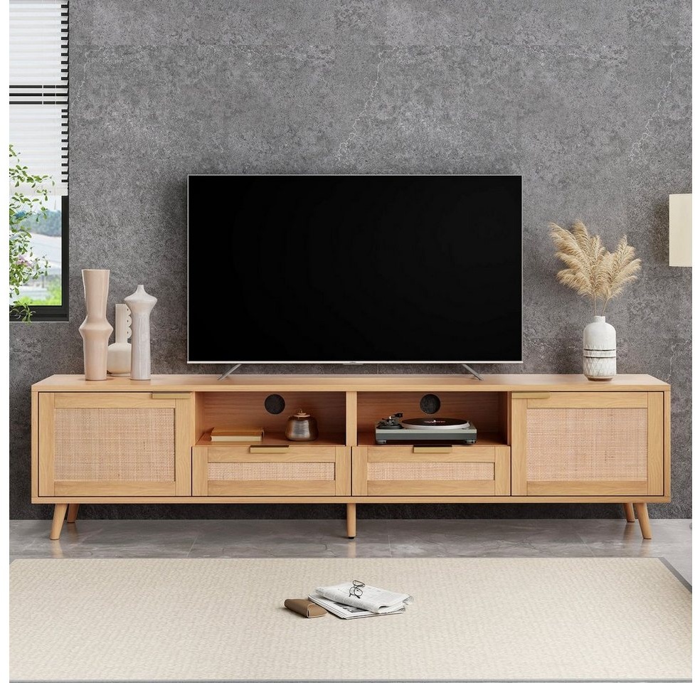 Celya TV-Schrank TV-Konsolentisch mit echtem Rattandesign, massiven Holzfüßen Geflochtener Rattan-TV-Boards, 2-Türen und 2-Schubladen, Verstellbare Tischbeine beige