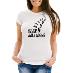 MoonWorks Print-Shirt »Damen T-Shirt Never walk alone Hund Pfoten Hundepfoten Pfotenabdrücke Hundebesitzer Slim Fit Moonworks®« mit Print weiß XXL