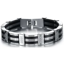 Armband FIRETTI "Schmuck Geschenk Armschmuck Armkette Gliederarmband", silber (silberfarben, schwarz), Armbänder, Herren, Edelstahl-Silikon, Edelstahl, Silikon, Armkette Edelstahlarmband