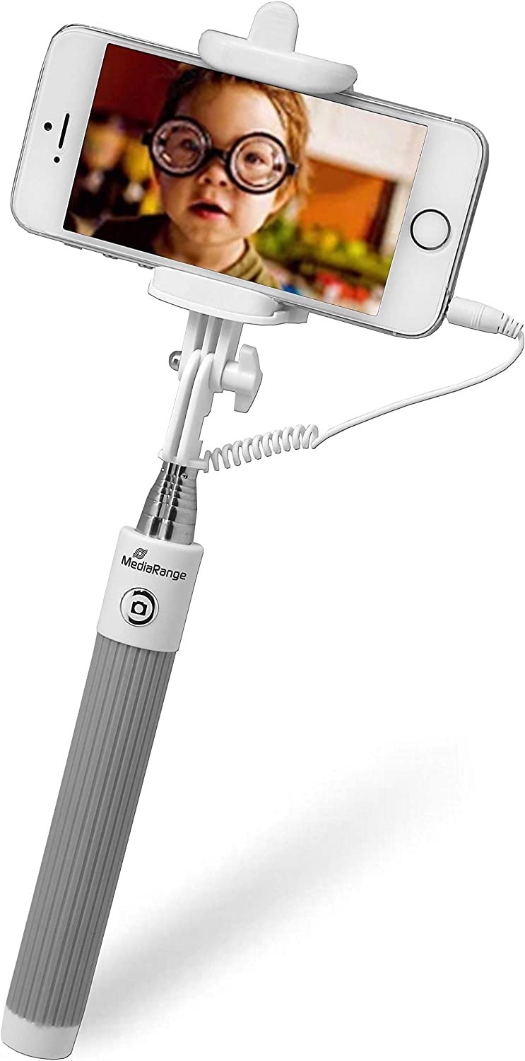 MediaRange Universal Selfie-Stick für Smartphones, mit Kabel, weiß/grau