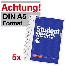 5 BRUNNEN Collegeblöcke Student Kleinformat liniert DIN A5 Innenrand