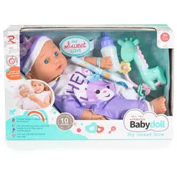 Moni Kinderpuppe 36 cm spricht macht Geräusche Flasche Rassel Softpuppe Kleidung lila
