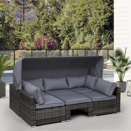 Outsunny Rattan Lounge Set, Sitzgruppe mit Sonnendach, Garten Loungegruppe, inkl. Kissen und Beistelltisch, Metall, Grau, 215 x 75 x 64 cm Aosom