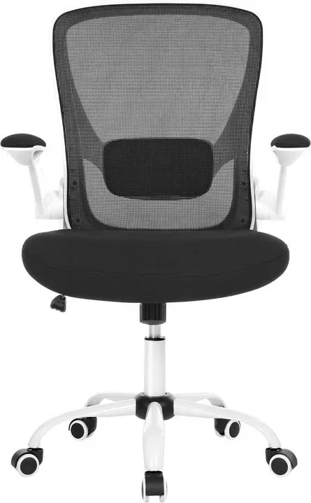 Ochama Schwarz-weißer ergonomischer Mesh-Drehstuhl – 53 cm große Sitzfläche, Lendenstütze, Wippfunktion, klappbare Armlehnen – perfekt für Arbeit, Schlafzimmer oder Studentenzimmer, 60×64×(103-110)cm