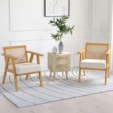 Lounge-sessel Mit Armlehnen, Rattan-rückenlehne Und Gummibaumholzrahmen, Belastbarkeit 120 Kg, Natur Und Beige