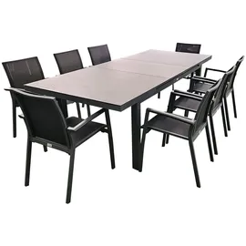 teico group 9-tlg. Alu Gartenmöbel Set anthrazit Tisch ausziehbar mit 8 stapelbaren Stühlen - Grau