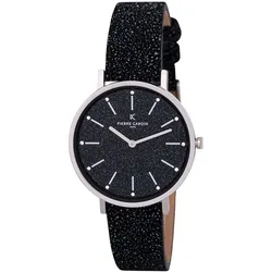 Pierre Cardin Damen Armband-Uhr mit Glitzer-Armband und Strasssteinen im Ziffernblatt analoge Quarz-Uhr mit Leder-Armband 3ATM 36mm CBV.1117 Schwarz/Silber - One-Size