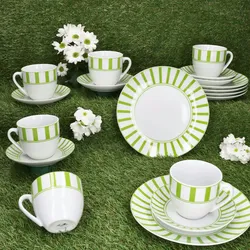 18tlg Kaffeeservice Split grün Porzellan 6 Pers Tasse Untertasse Teller Streifen