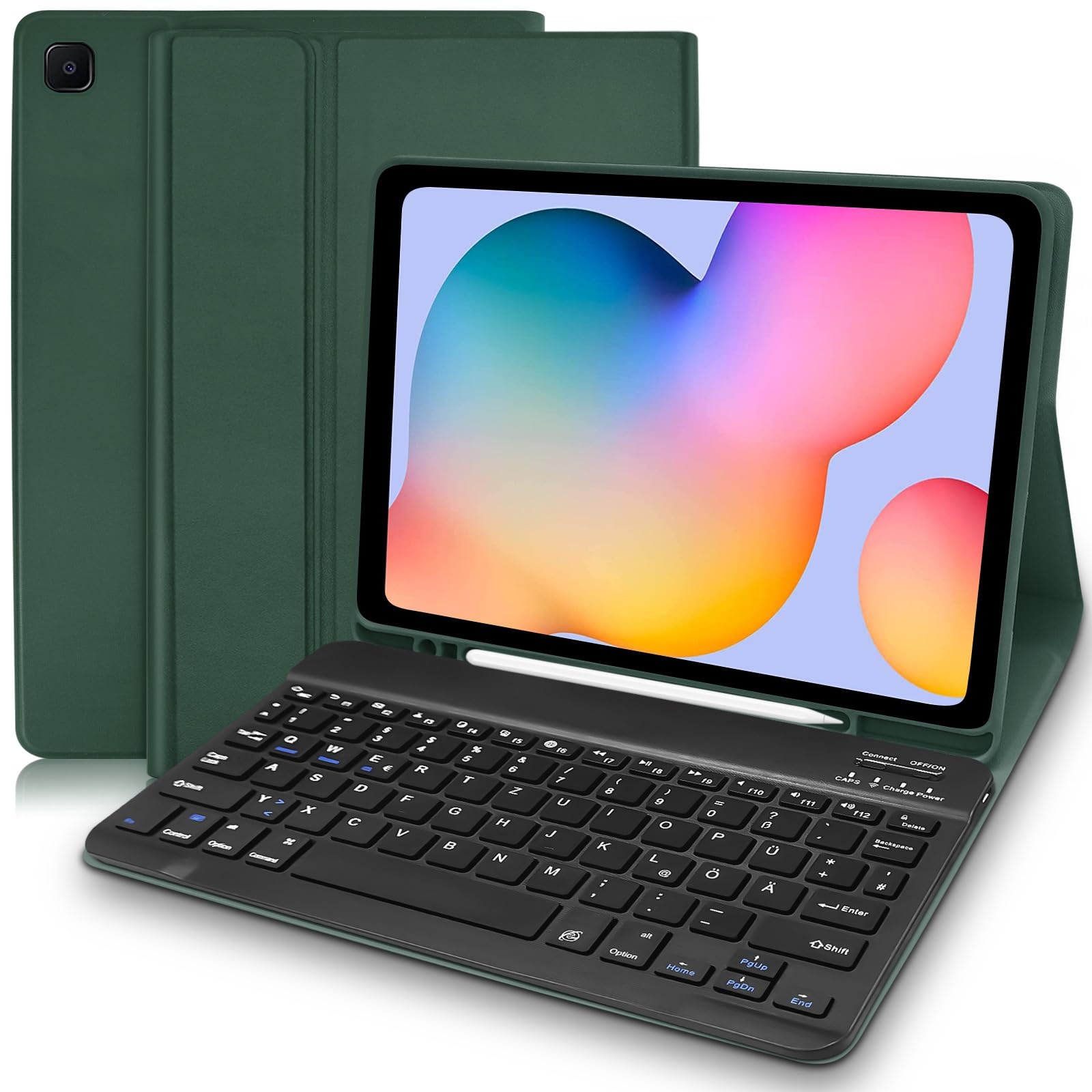 Samsung Tab S6 Lite Hülle mit Tastatur (Deutsches QWERTZ), Samsung Galaxy Tab S6 Lite Hülle mit Pencil Halter & Abnehmbarer Tastatur für Galaxy Tab S6 Lite 10.4” (SM-P610/P615/P613/P619), Dunkelgrün