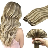 DOORES Echthaar Tressen Zum EinnäHen, Hellbraun Hervorgehoben Mittelblond 50cm (20zoll) 100g, Echthaar Extensions Tressen Echthaar FüR Frauen