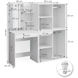 Vicco Schminktisch Isabelle Weiß, 60 cm mit LED Beleuchtung und Schränken