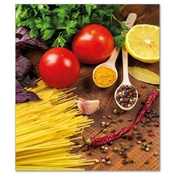 Wallario Herd-Abdeckplatte Italienisches Menü mit Spaghetti, Tomaten, Basilikum und Gewürzen, ESG-Sicherheitsglas, (Glasplatte, 1 tlg., inkl. 5mm Noppen), verschiedene Größen gelb 52 cm x 60 cm