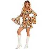 NET TOYS 70er Jahre Hippie Kostüm Flower Power Kleid L (42/44) Blumenkind Damenkostüm Schlagermove Minikleid