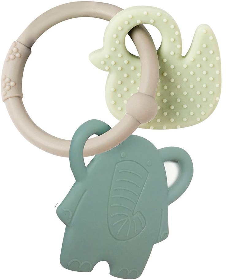 Nattou Beißring aus Silikon, Elefant und Ente, BPA-frei, 8 x 10 x 4 cm, Silicon, Beige/Grün