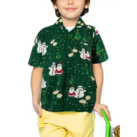 King Kameha Funky Hawaiihemd Kids Kinder Jungs, Kurzarm, X-Mas Weihnachten, Christmas Buddies, Grün, 10 - 10 Jahre