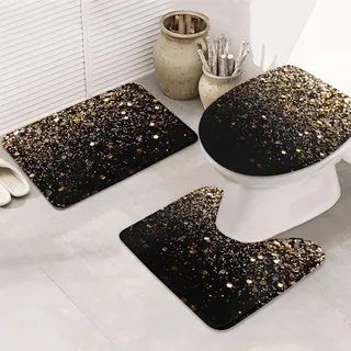 rutschfeste 3 Badteppich Set Gold Schwarz Funkelt Badematte 3-TLG Waschbar Langlebige Badezimmer Set, Für Dusche, Wohnzimmer