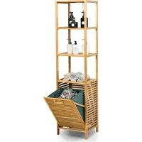 Costway Badezimmer Hochschrank mit Wäschekorb, Badezimmerschrank aus Bambus mit Regalen, Wäscheschrank Badschrank Badregal ideal für Bad Schlafz...